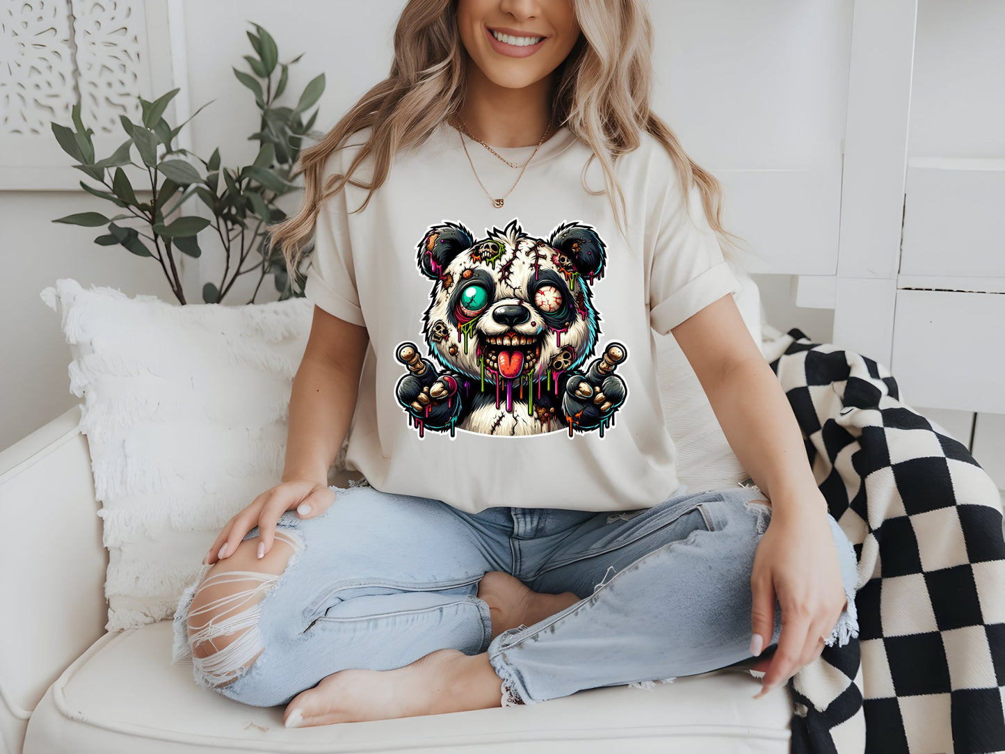 Psychedelic Zombie Panda - woman-white-shirt