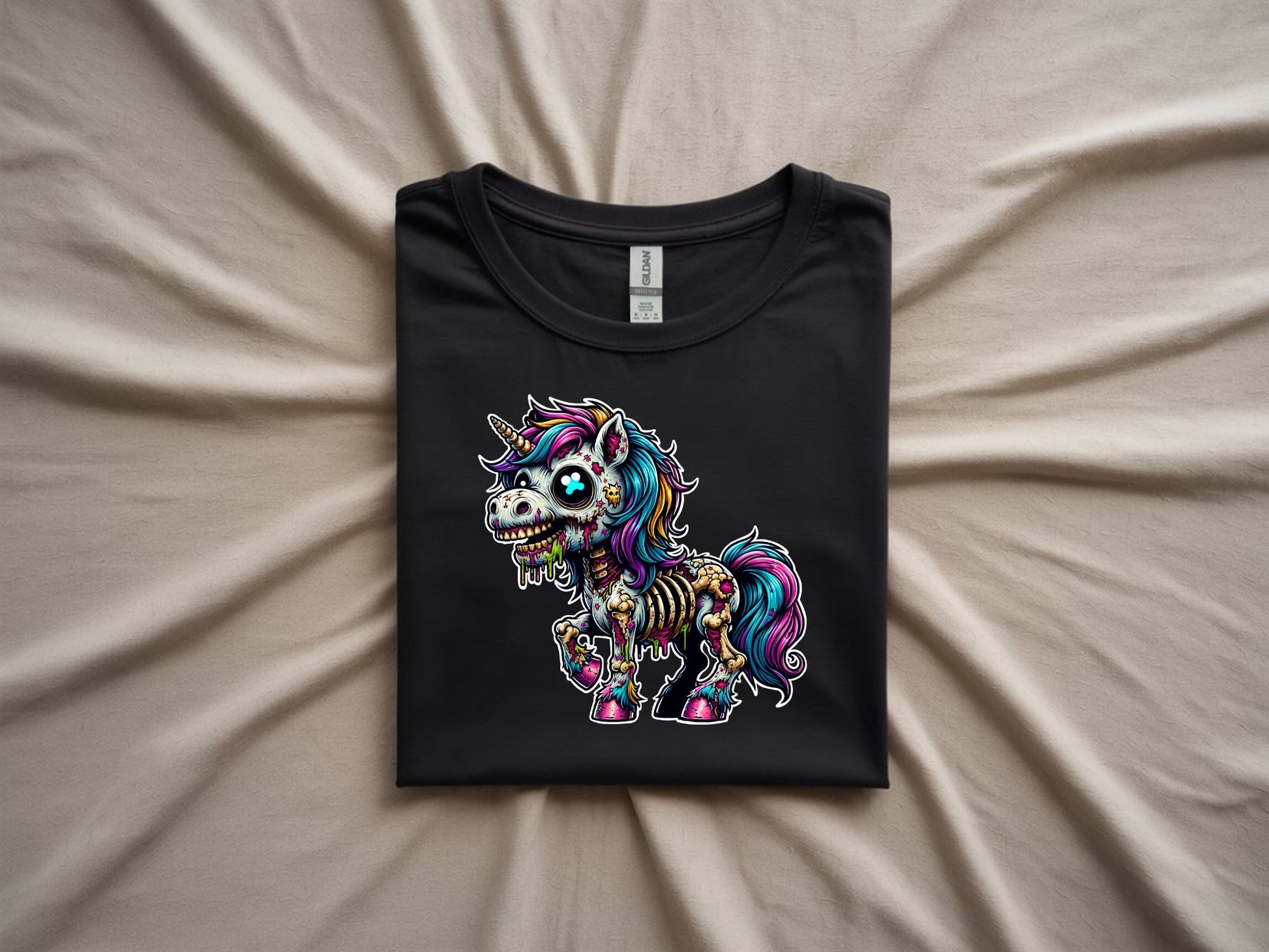 Enchanted Zombie Unicorn Delight - folded-black-shirt