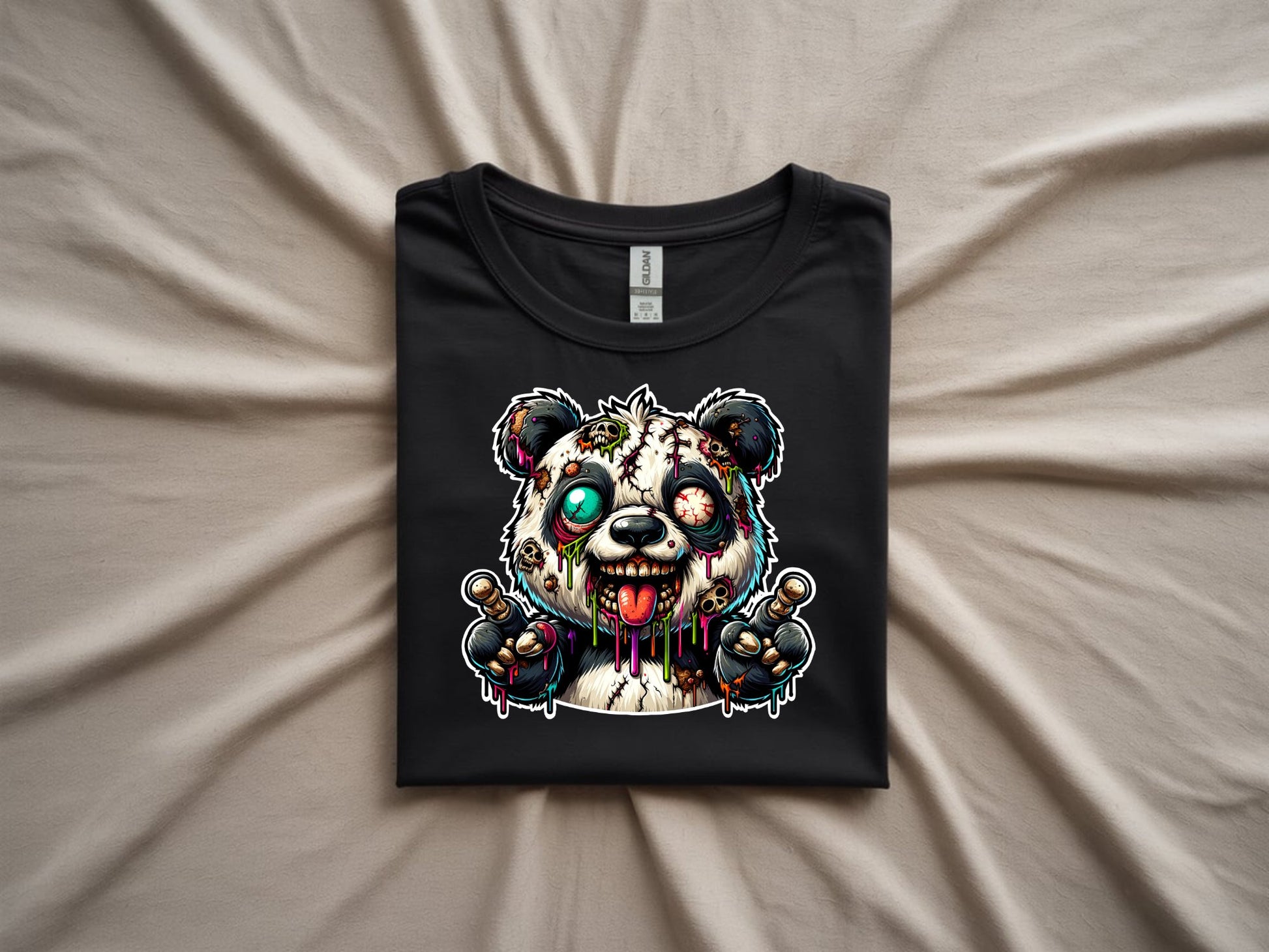 Psychedelic Zombie Panda - folded-black-shirt