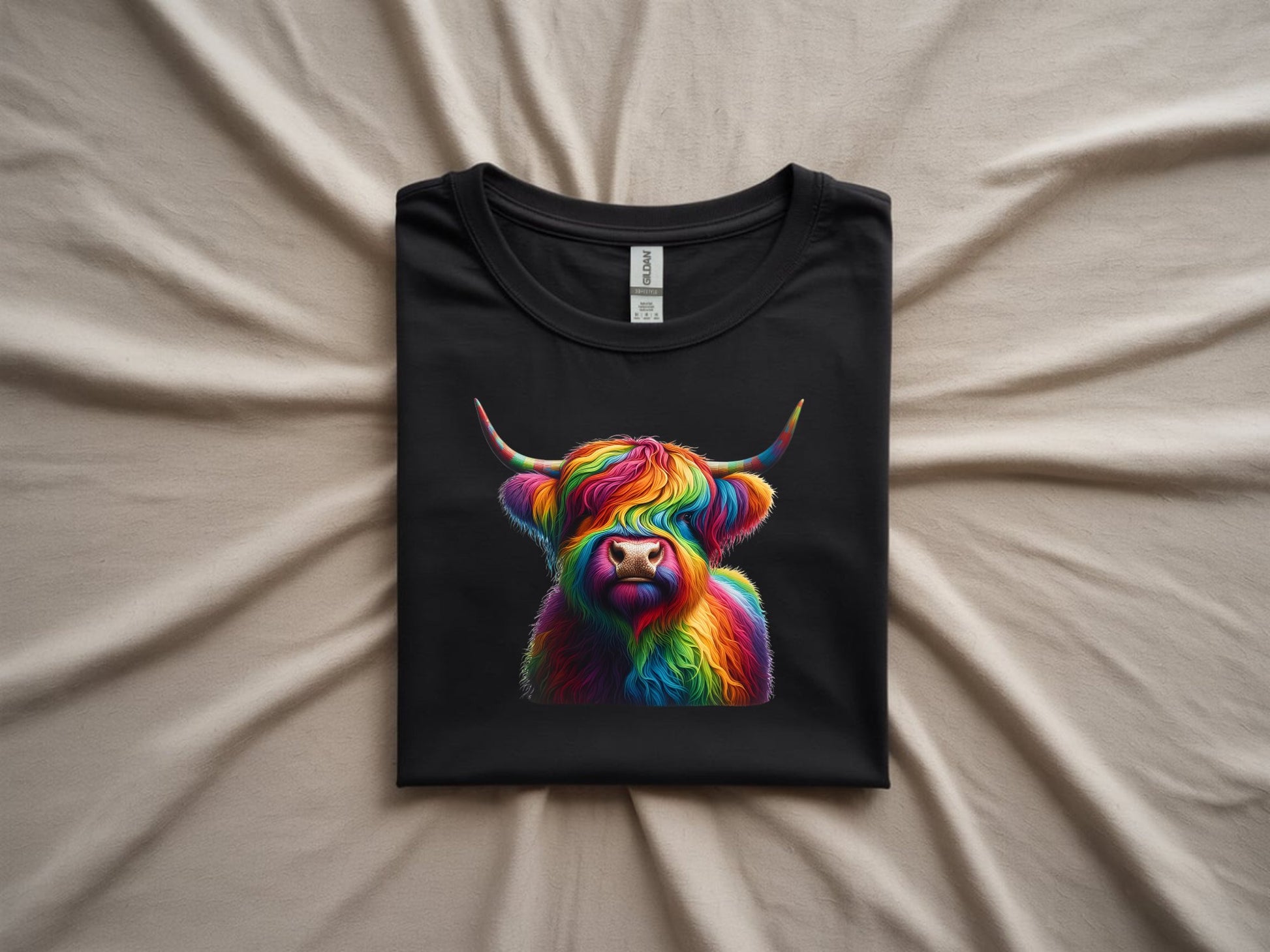 Rainbow Highland Harmony Tee - folded-black-shirt
