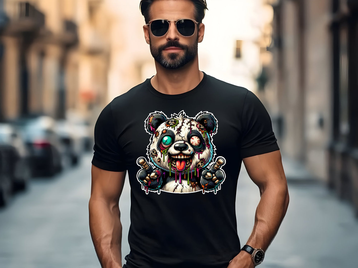 Psychedelic Zombie Panda - man-black-shirt