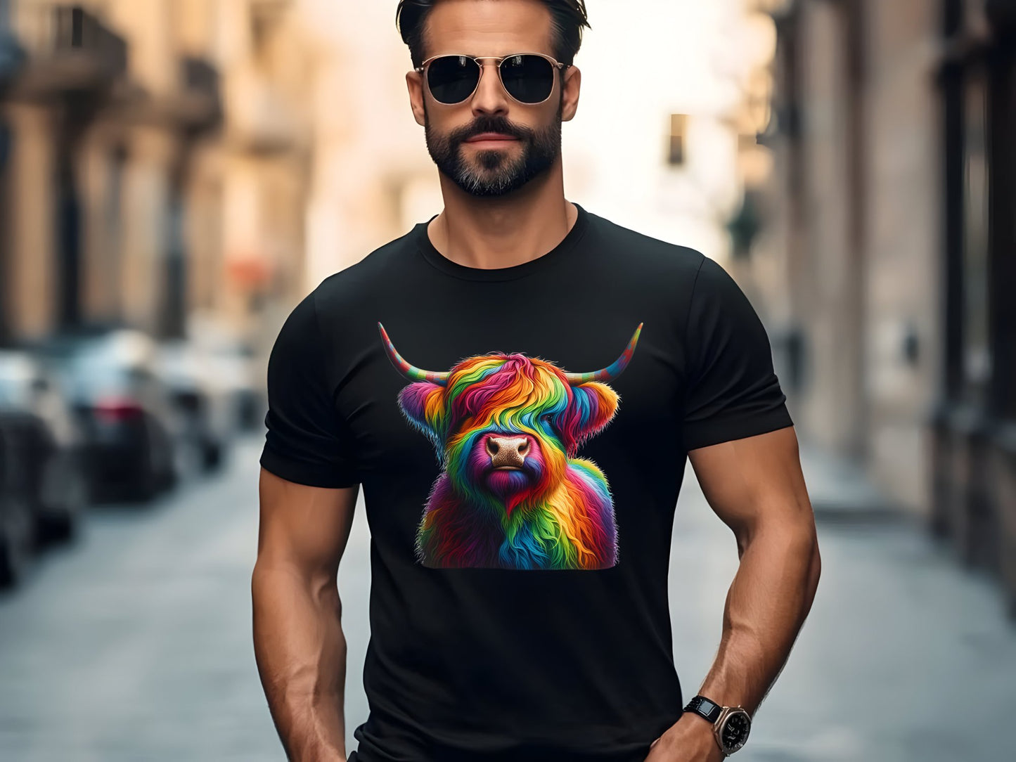 Rainbow Highland Harmony Tee - man-black-shirt