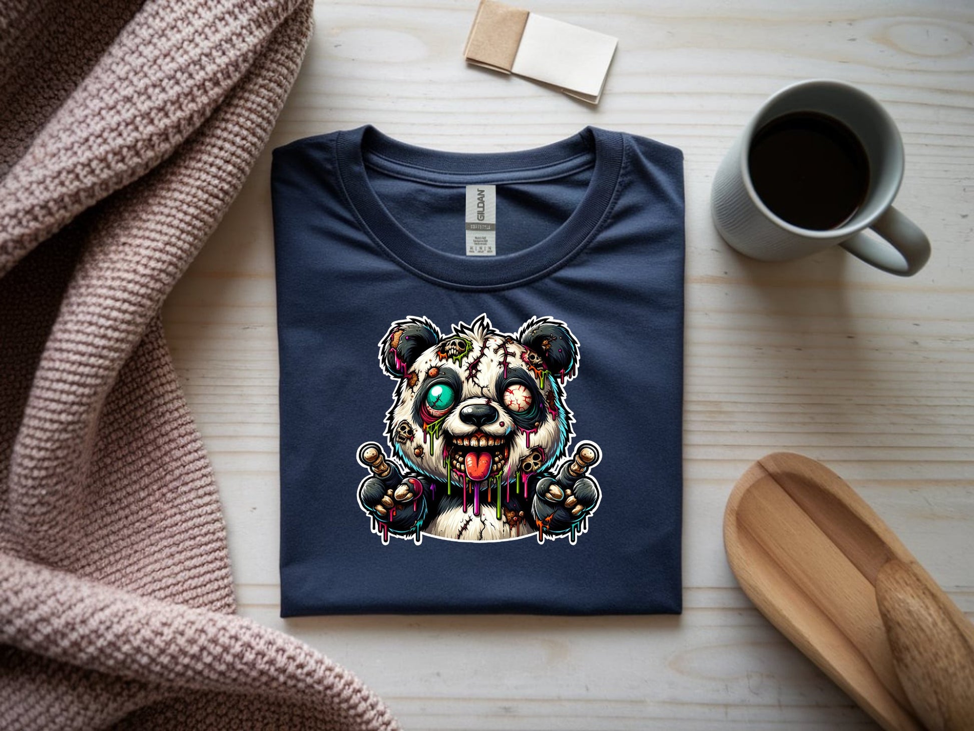 Psychedelic Zombie Panda - navy-flat-shirt