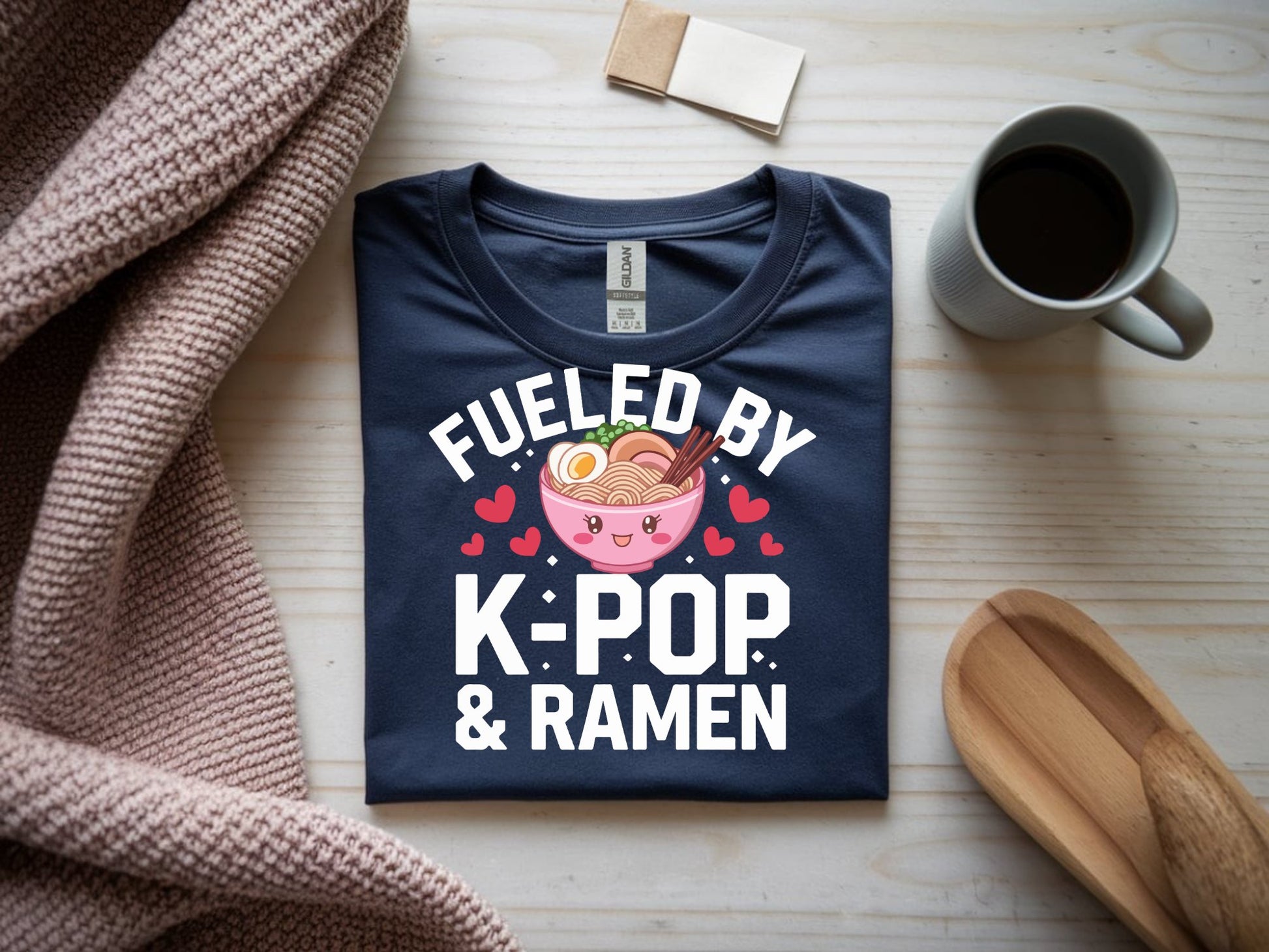 Ramen & K-Pop Harmony Tee - navy-flat-shirt