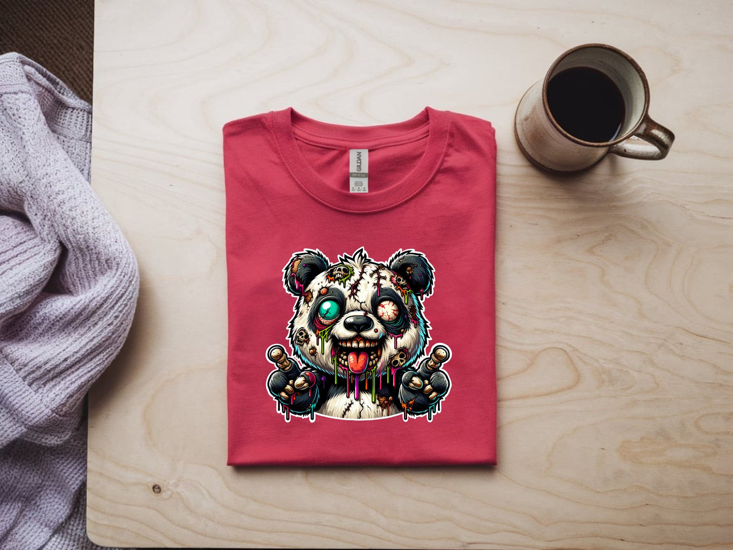 Psychedelic Zombie Panda - red-flat-shirt
