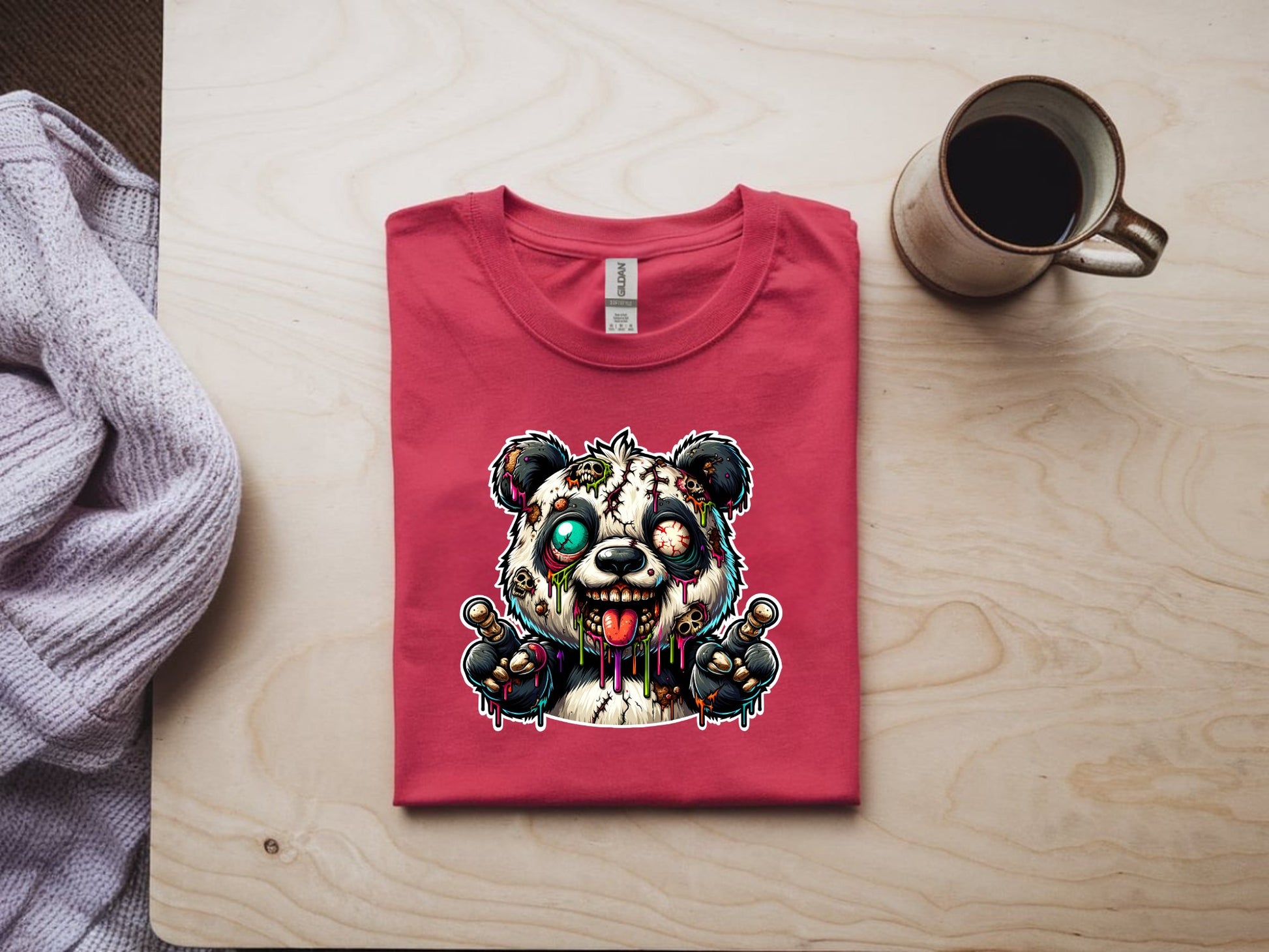 Psychedelic Zombie Panda - red-flat-shirt