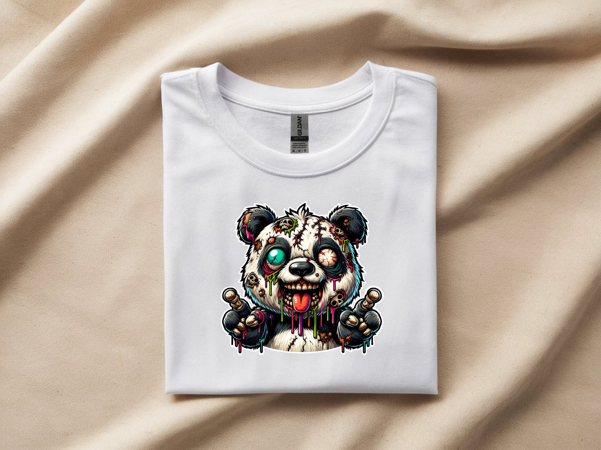 Psychedelic Zombie Panda - white-flat-shirt