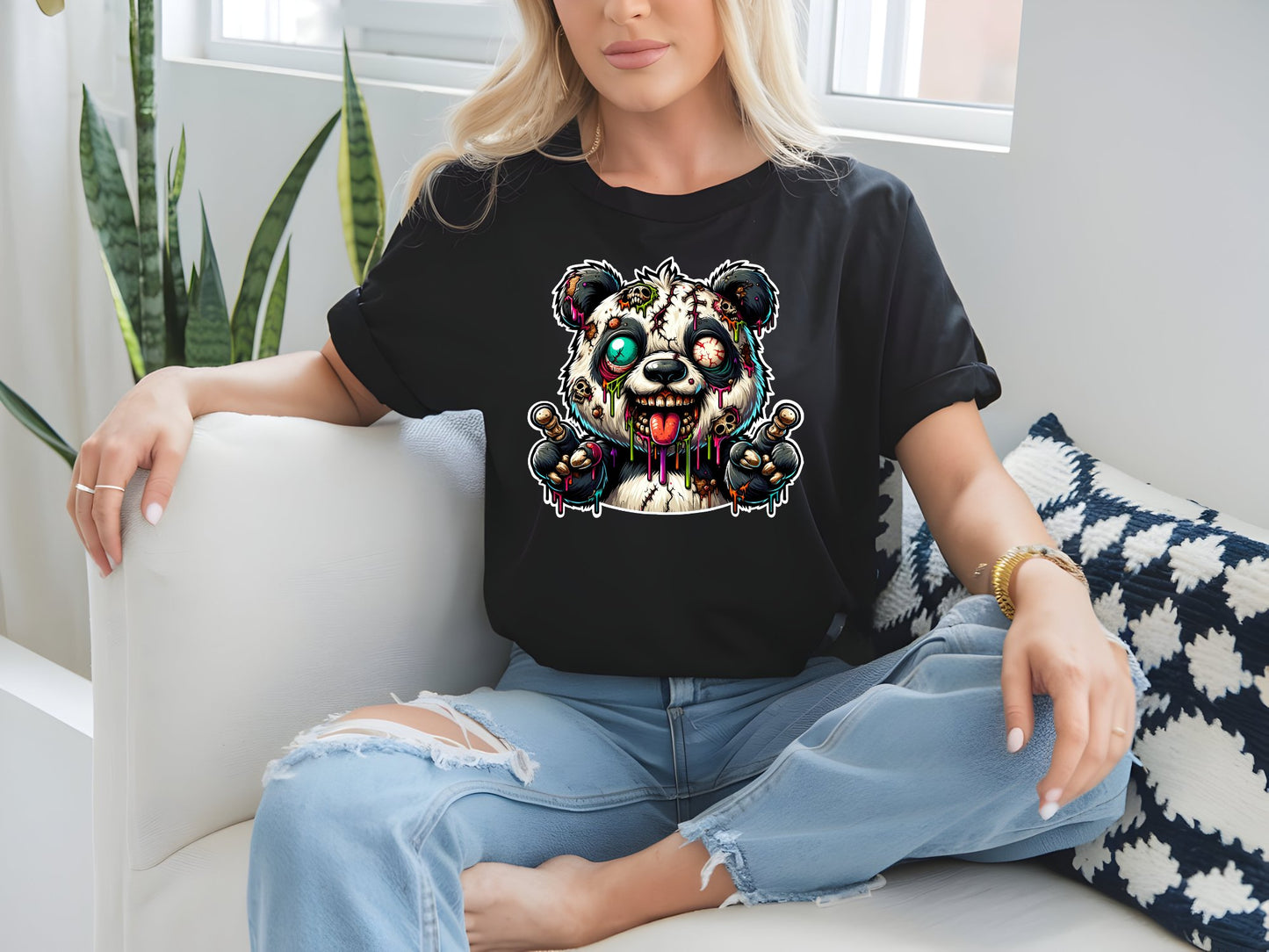 Psychedelic Zombie Panda - woman-black-shirt