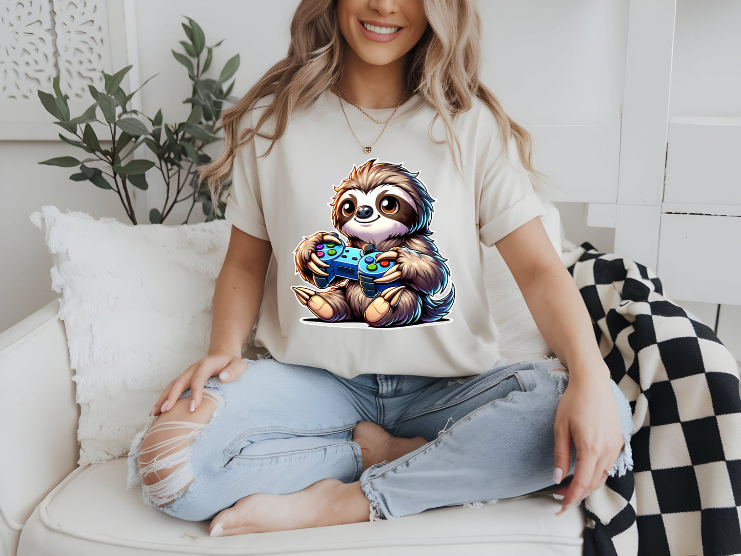Chill Gamer Sloth Vibes Tee - woman-white-shirt